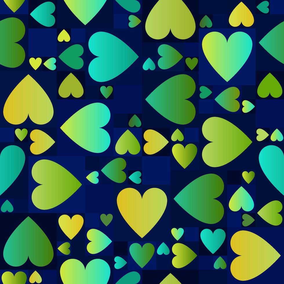 Dark navy blue heart pattern with glowing gradient hearts in turquoise, yellow, green and cyan tones vector