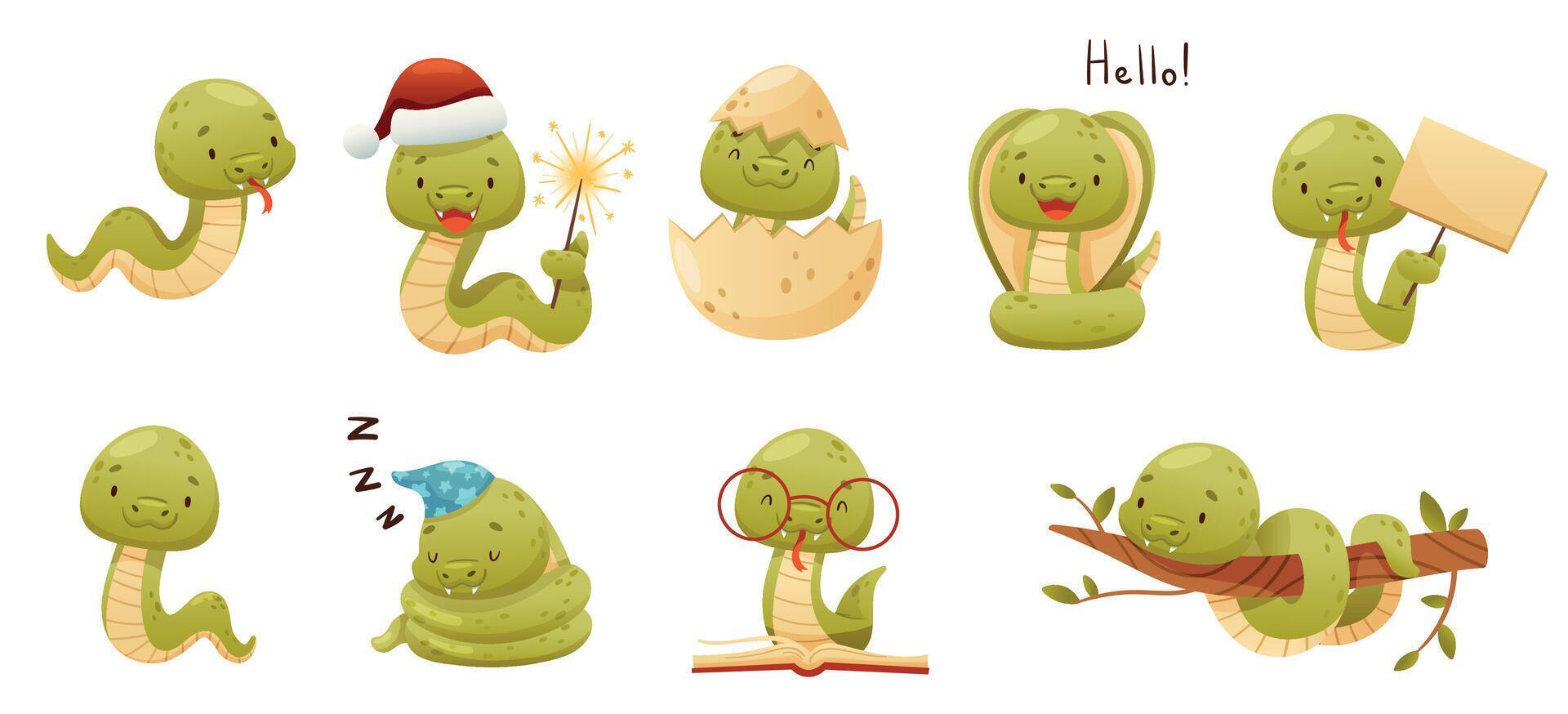 Cute baby snake characters set. Adorable reptile animal in different situations cartoon illustration vector