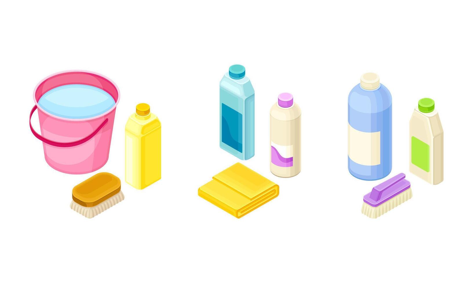 Household Cleaning Equipment with Detergent in Bottle, Brush and Bucket with Water Isometric Composition Set vector
