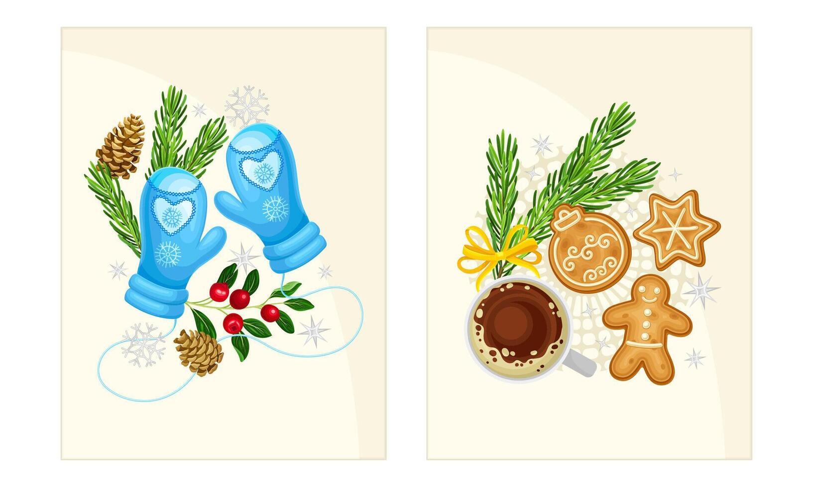 Mittens, cookies, and pine branches in winter vector