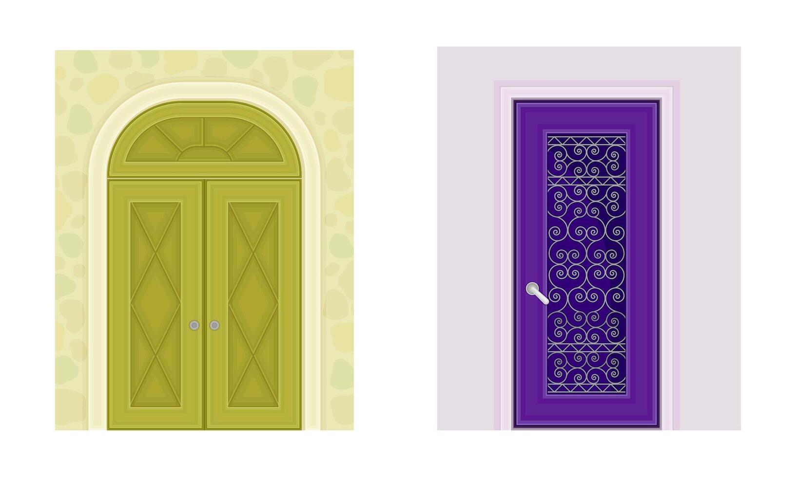 Vintage style wooden closed doors set. Front doorway exterior, arched and rectangular entries illustration vector