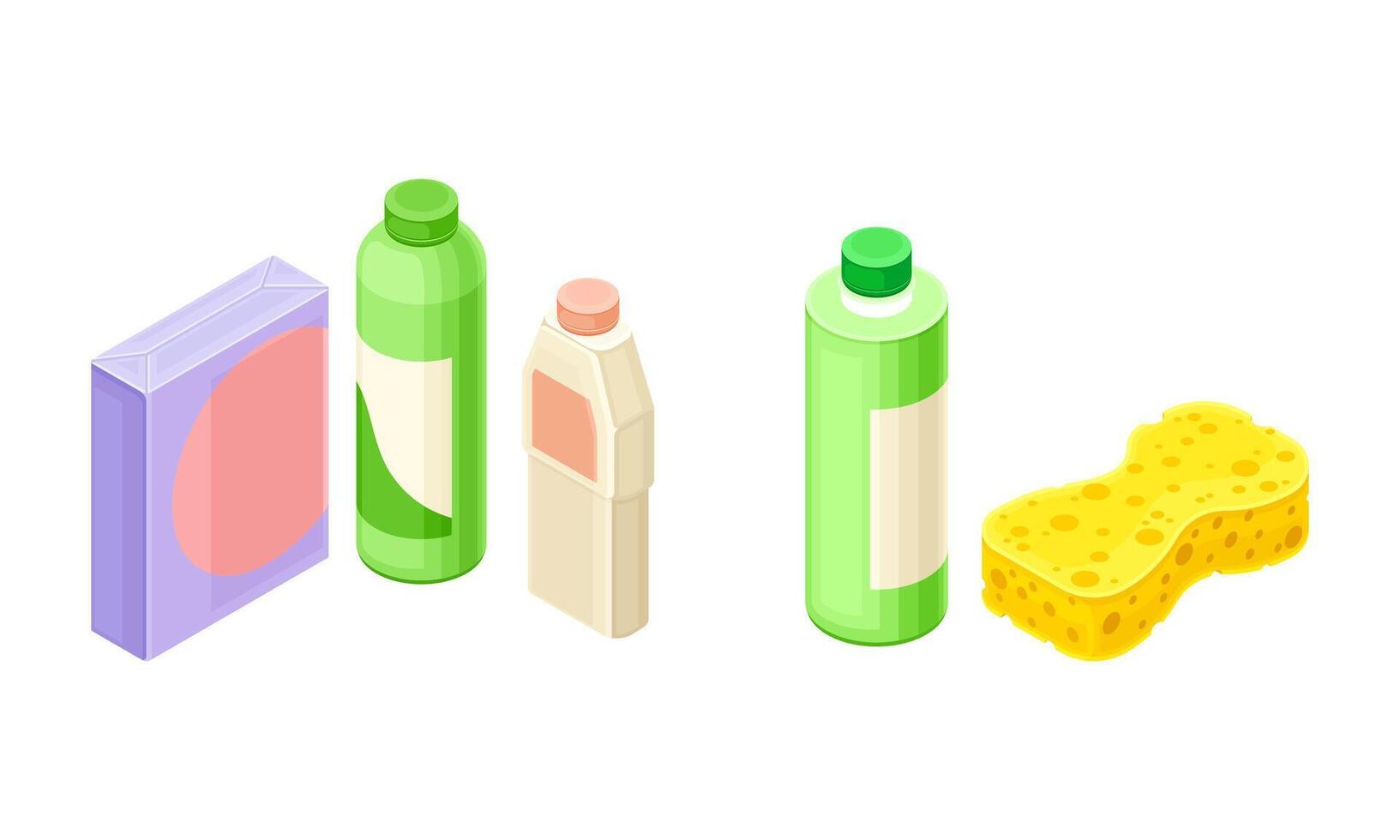 Household Cleaning Equipment with Detergent in Bottle and Sponge Isometric Composition Set vector