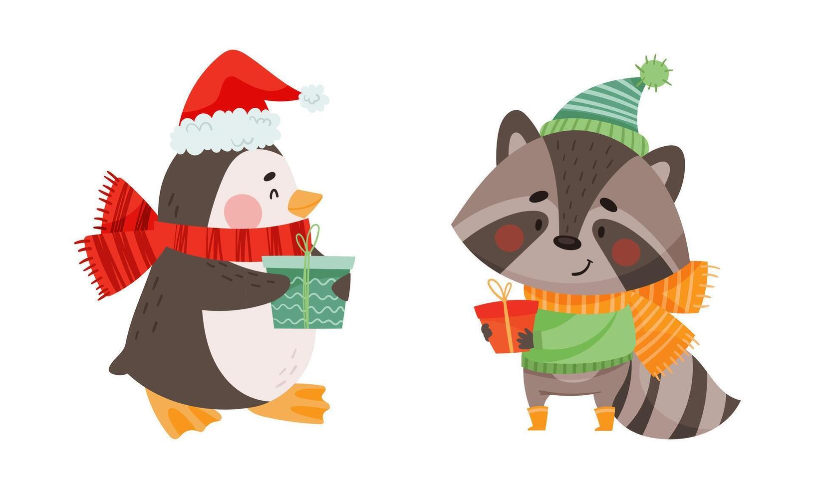 Happy animals celebrating Christmas set. Cute penguin and raccoon characters with gift boxes cartoon illustration vector