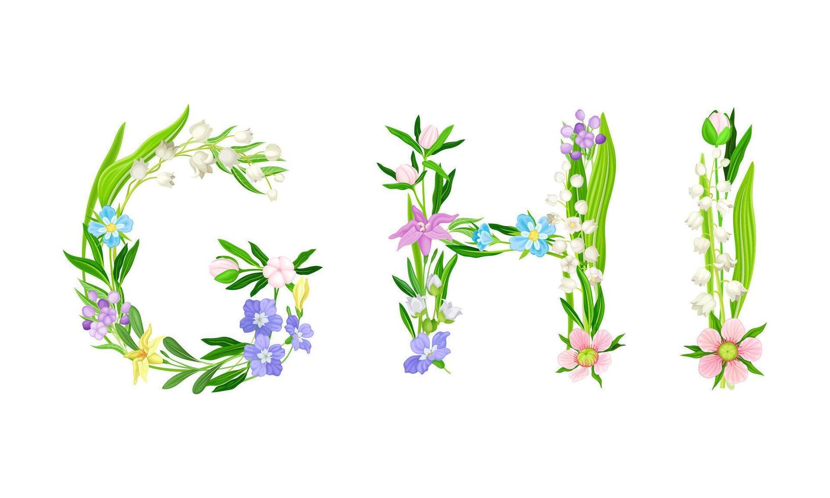 G,H,I uppercase letters made of leaves and flowers. Floral alphabet for wedding, invitation greeting card design cartoon illustration vector