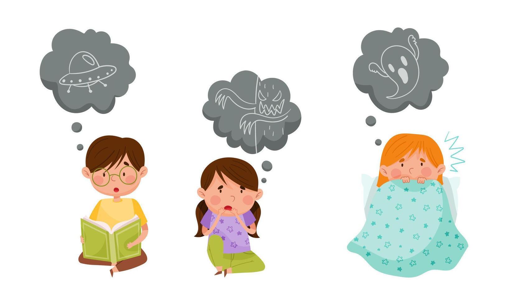Kid nightmares and fears. Afraid children afraid of ghosts and ufo cartoon illustration vector