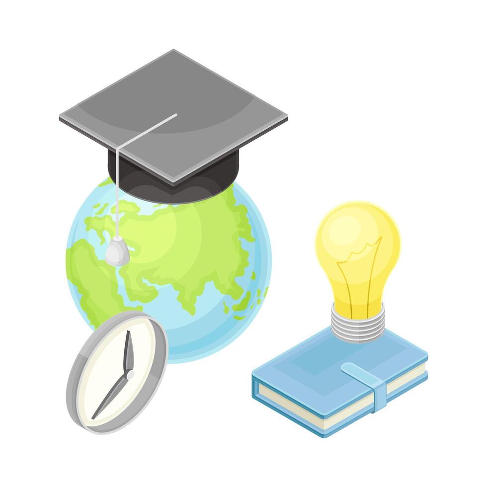 School supplies set. Book, light bulb, graduation cap and globe isometric illustration vector