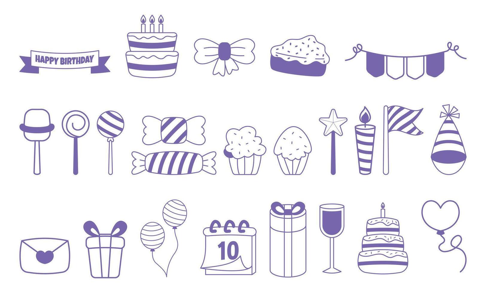Set of birthday elements outline style illustration vector