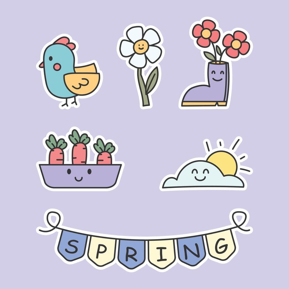Spring-themed cute illustrated stickers vector