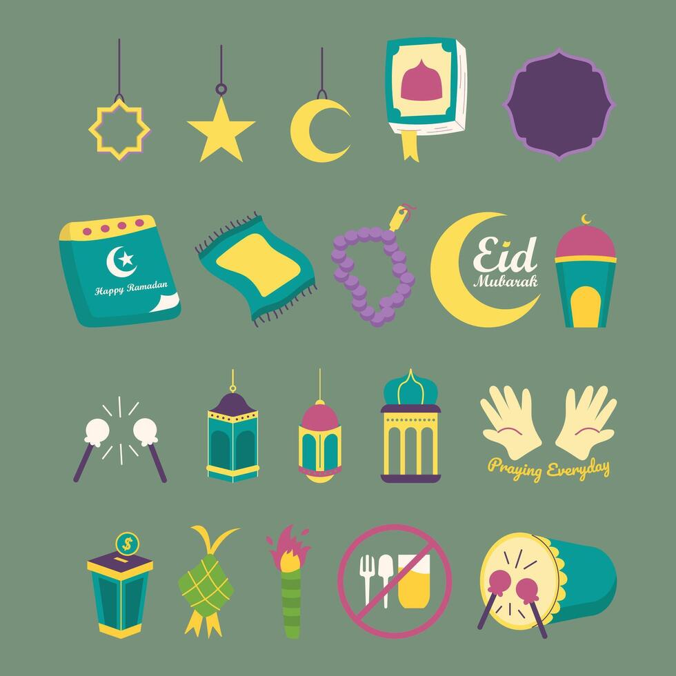 Eid and Ramadan festive symbols and icons vector
