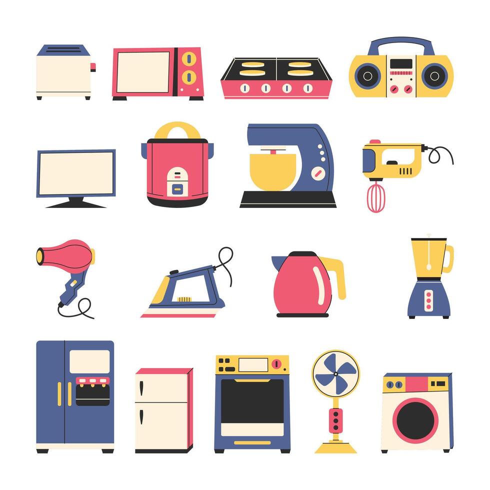 Colorful kitchen appliances and electronics vector