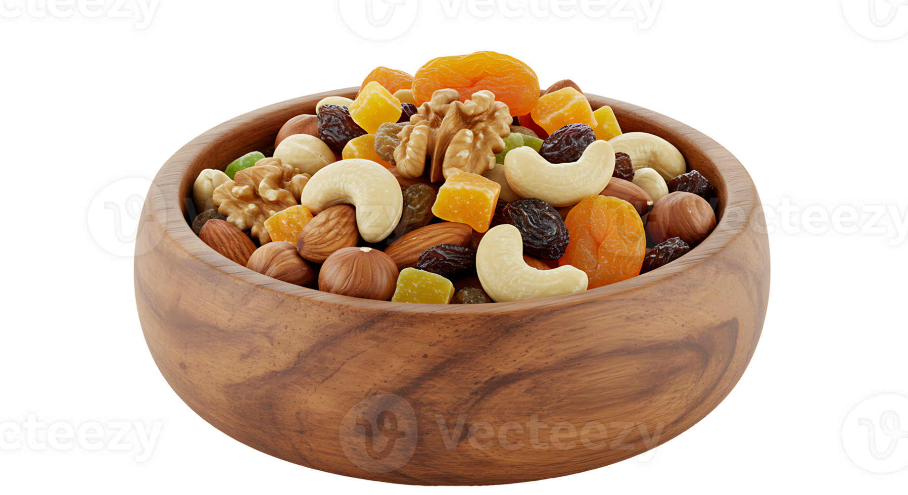 Wooden bowl of mixed nuts and dried fruits isolated on transparent background png