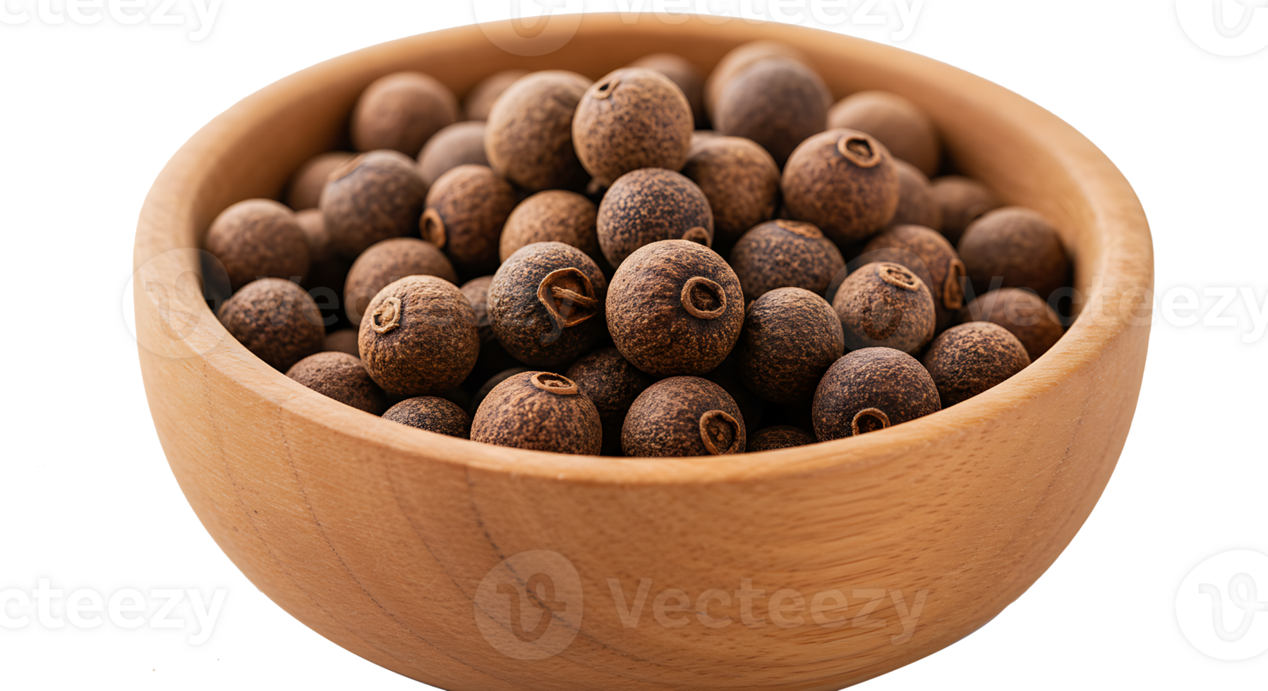 Wooden bowl of allspice berries isolated on transparent background png