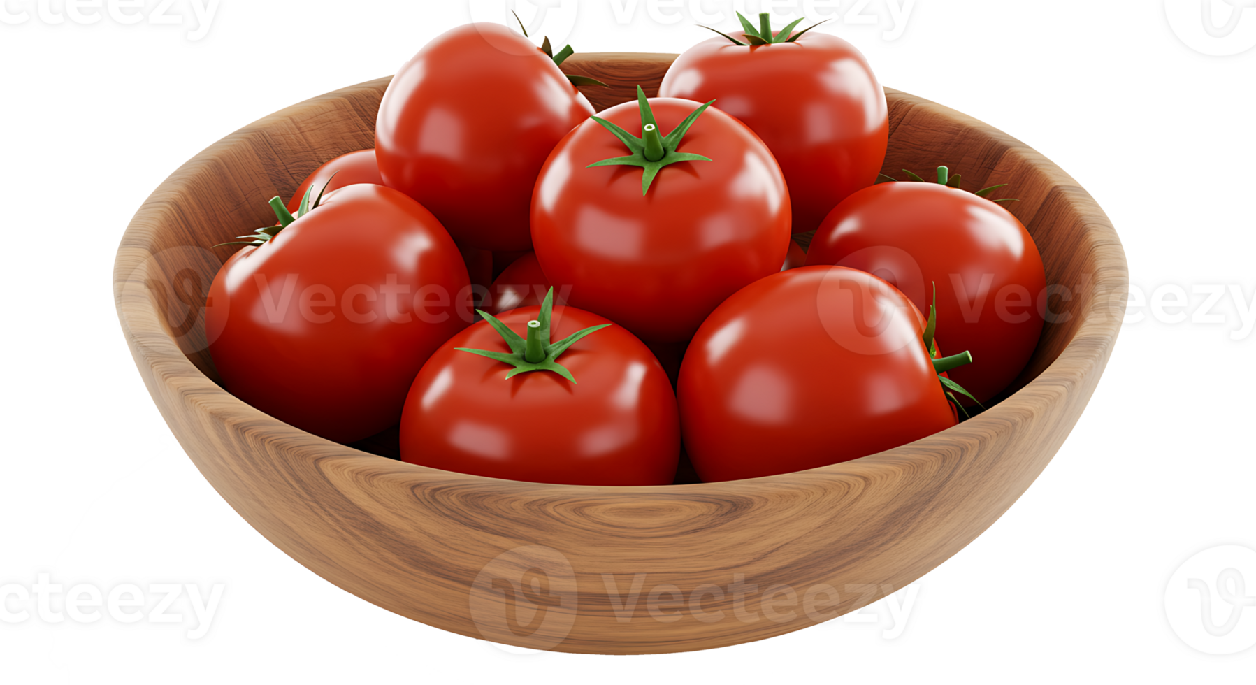 Fresh and red tomatoes in wooden bowl isolated in transparent background. png