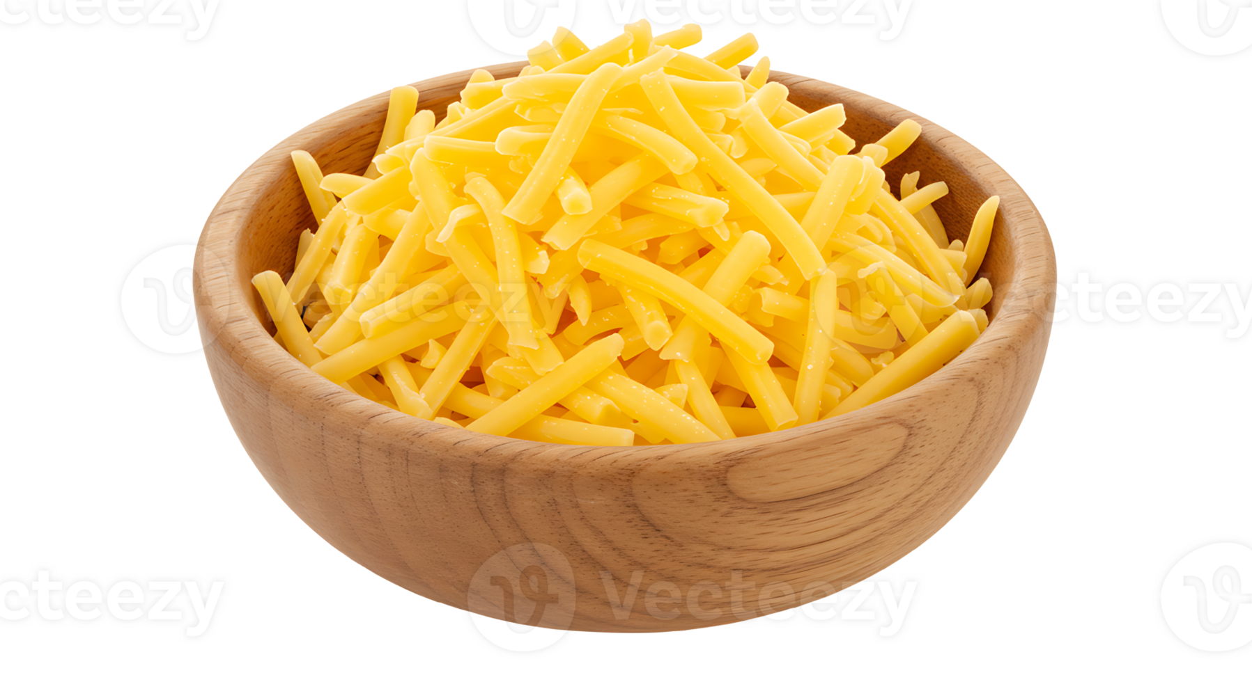 Shredded cheddar cheese in wooden bowl isolated on transparent background png