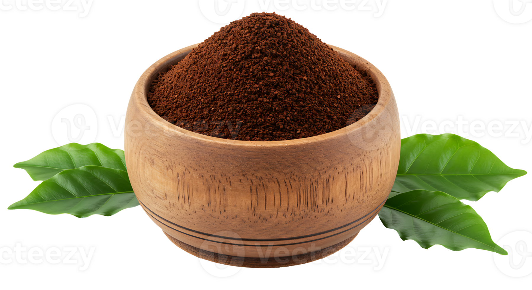 Ground coffee in wooden bowl with coffee leaves isolated on transparent background png