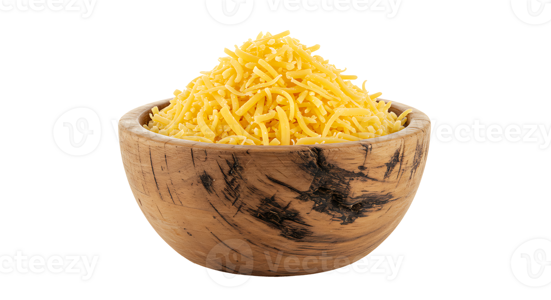 A pile of grated cheddar cheese in wooden bowl with transparent background. png
