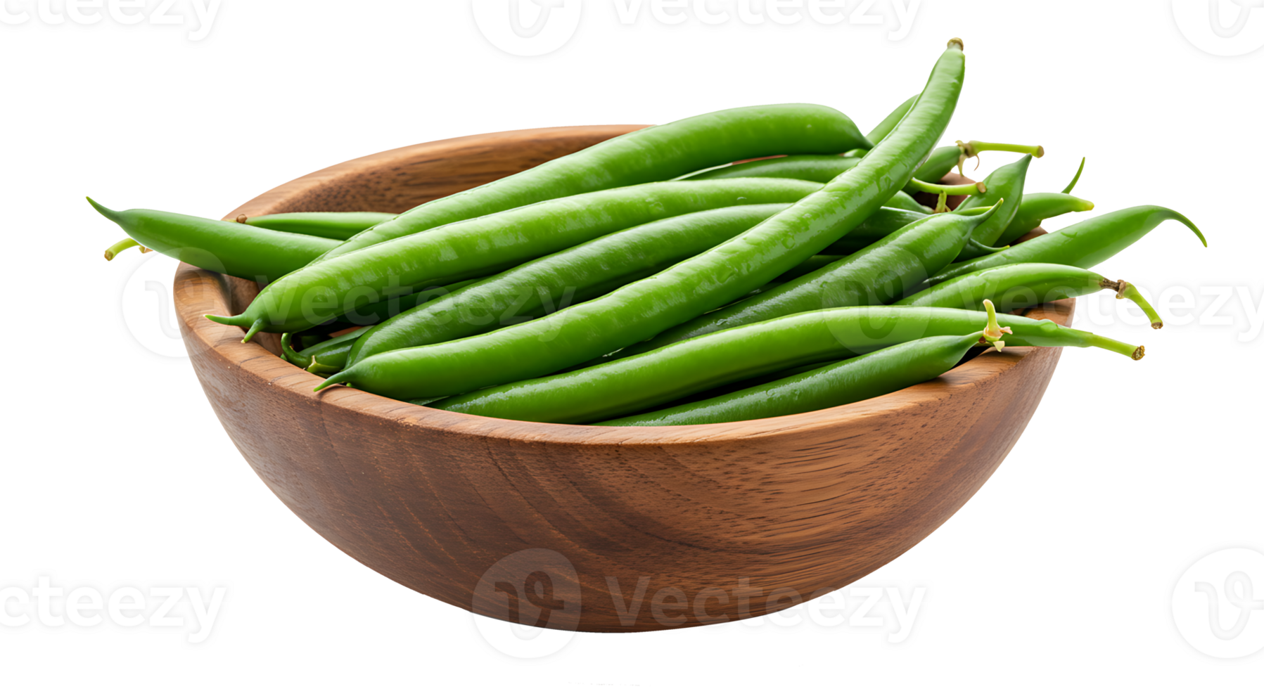 Fresh green beans in wooden bowl isolated in transparent background. png
