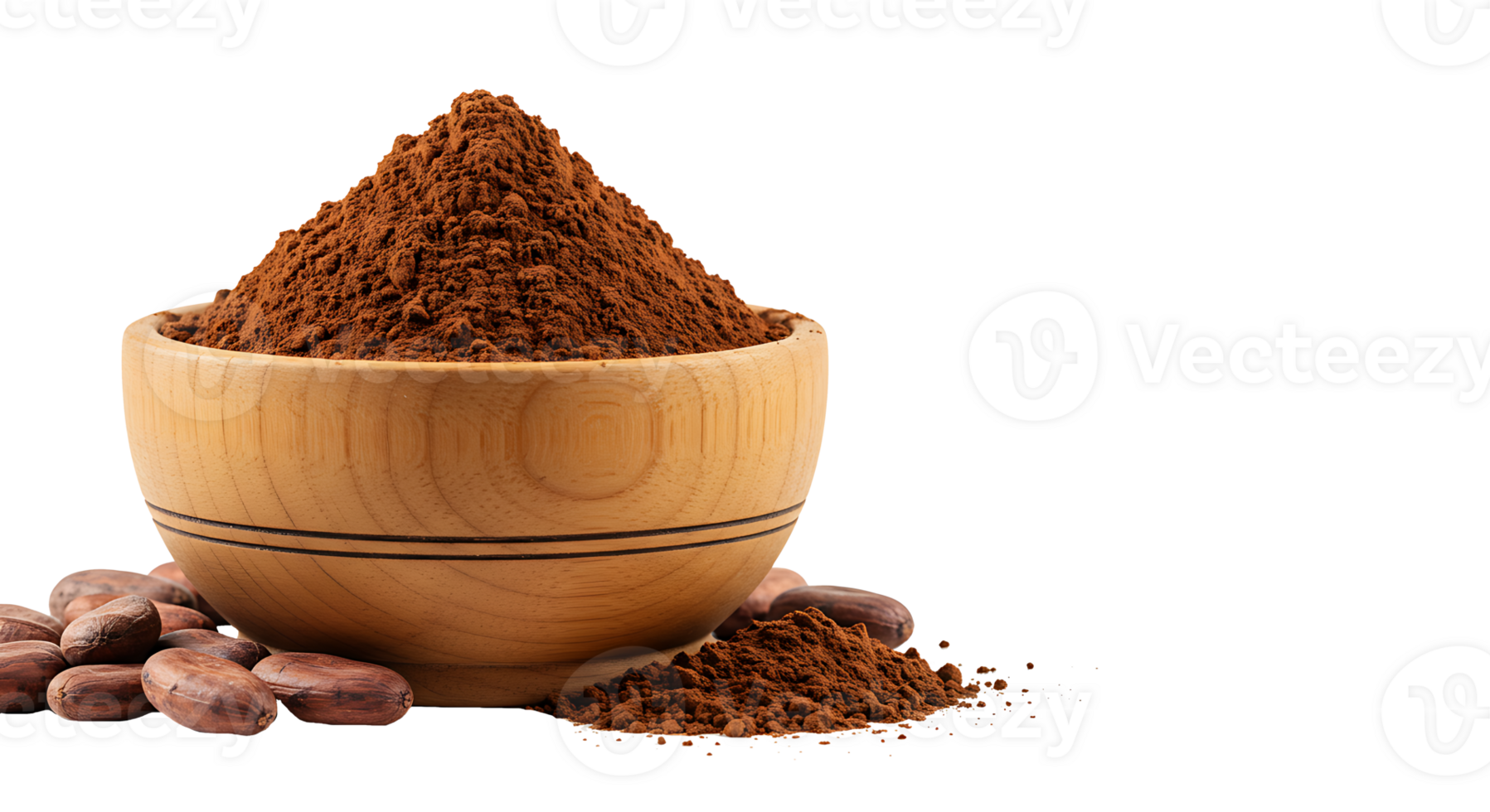 Wooden bowl of cocoa powder with cocoa beans isolated on transparent background png
