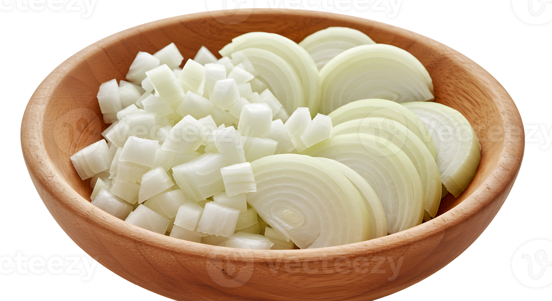 Chopped and sliced white onions in wooden bowl isolated with transparent background. png