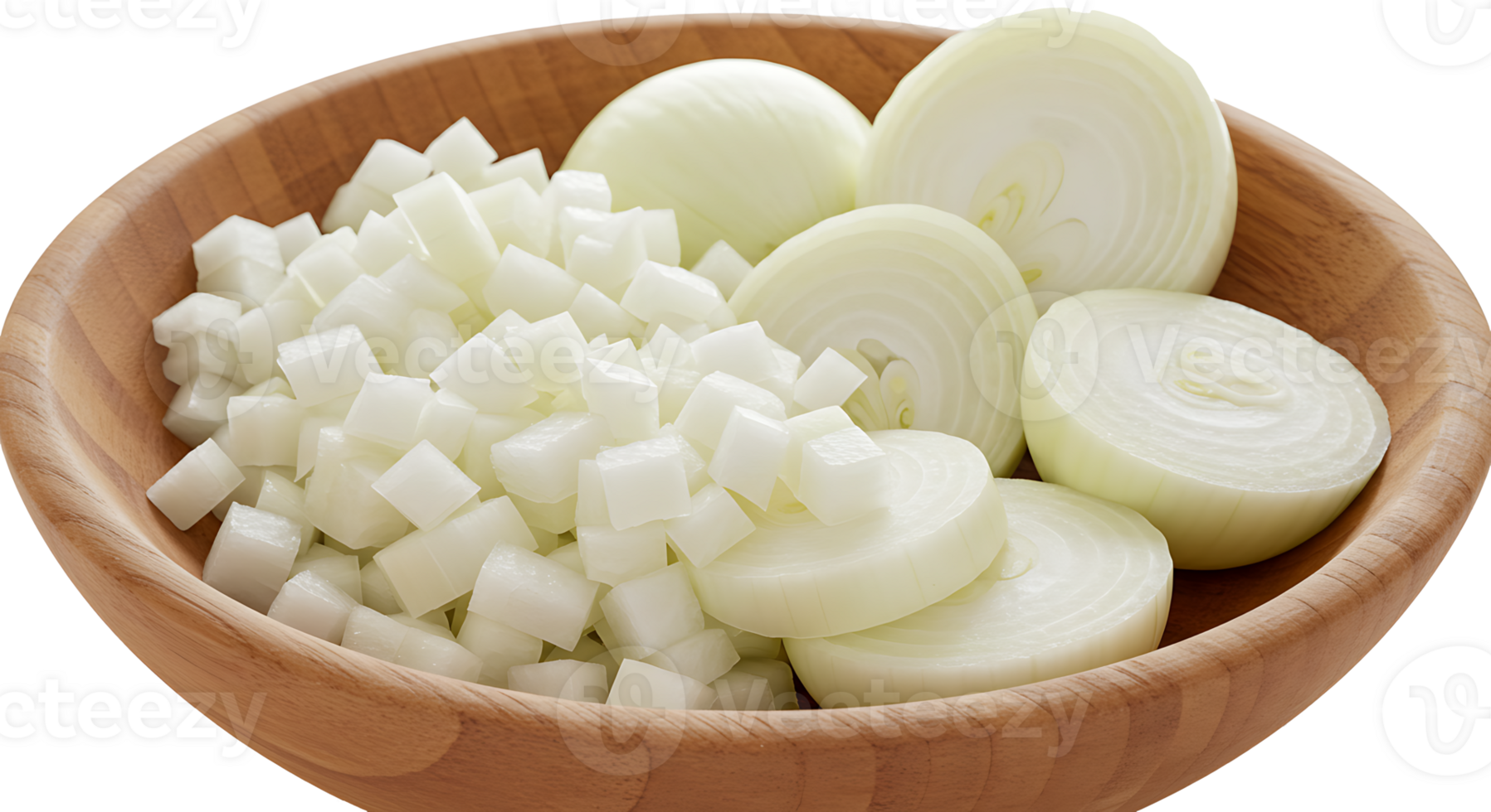Chopped and sliced white onions in wooden bowl isolated with transparent background png