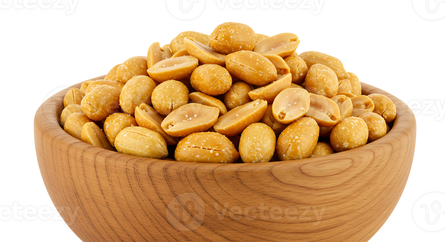Salted honey roasted peanuts in wooden bowl isolated on transparent background png