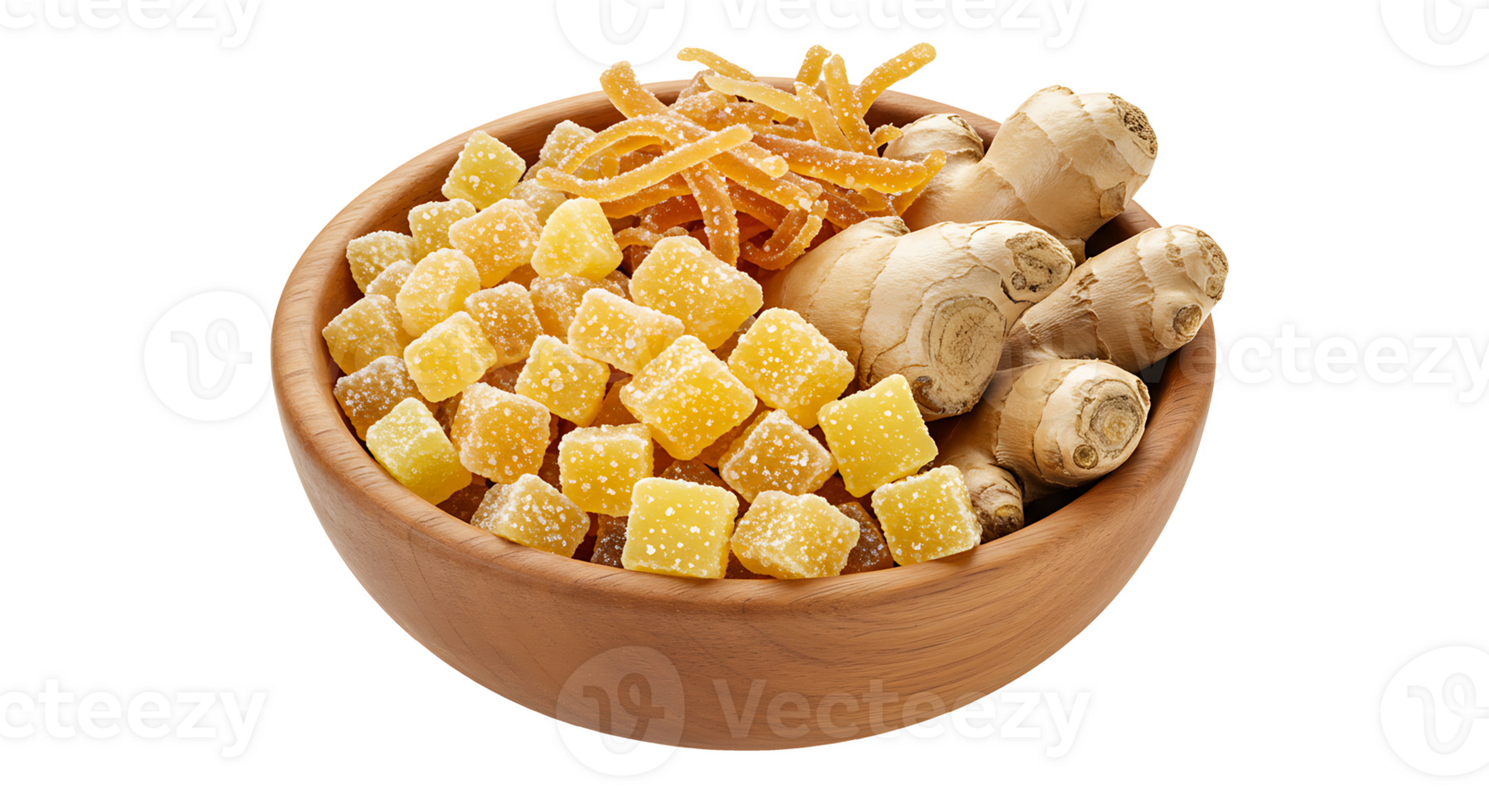 Candied ginger pieces and root in wooden bowl isolated on transparent background png