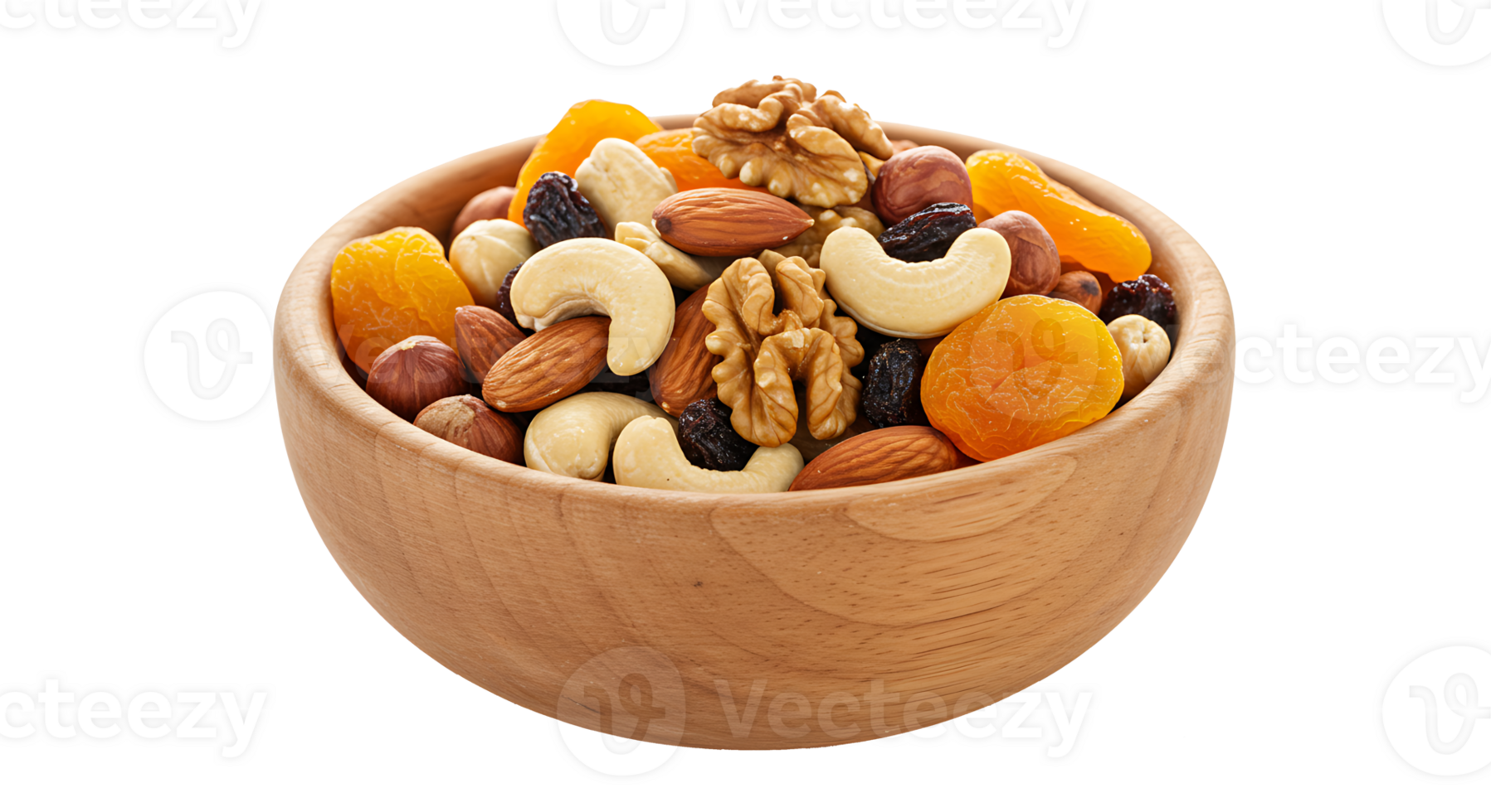 Wooden bowl of mixed nuts and dried apricots isolated on transparent background png