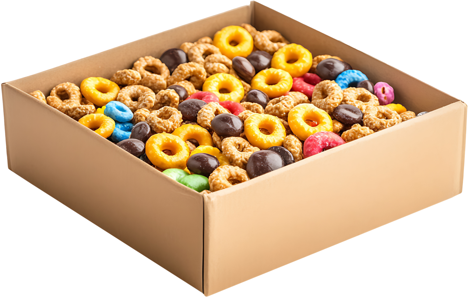 Colorful Cereal Rings and Chocolate Treats in a Cardboard Box png