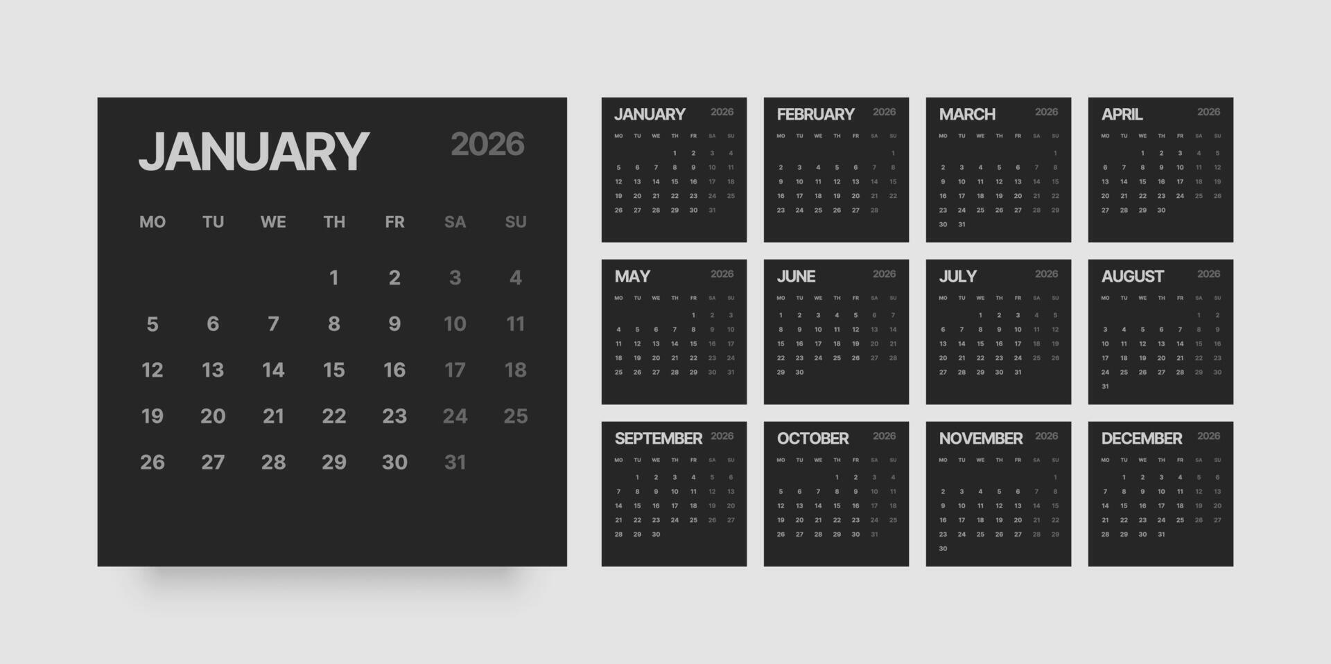 Monthly calendar layout for 2026 year. Planner Square diary for 2026 year in dark color. Week Starts on Monday. vector
