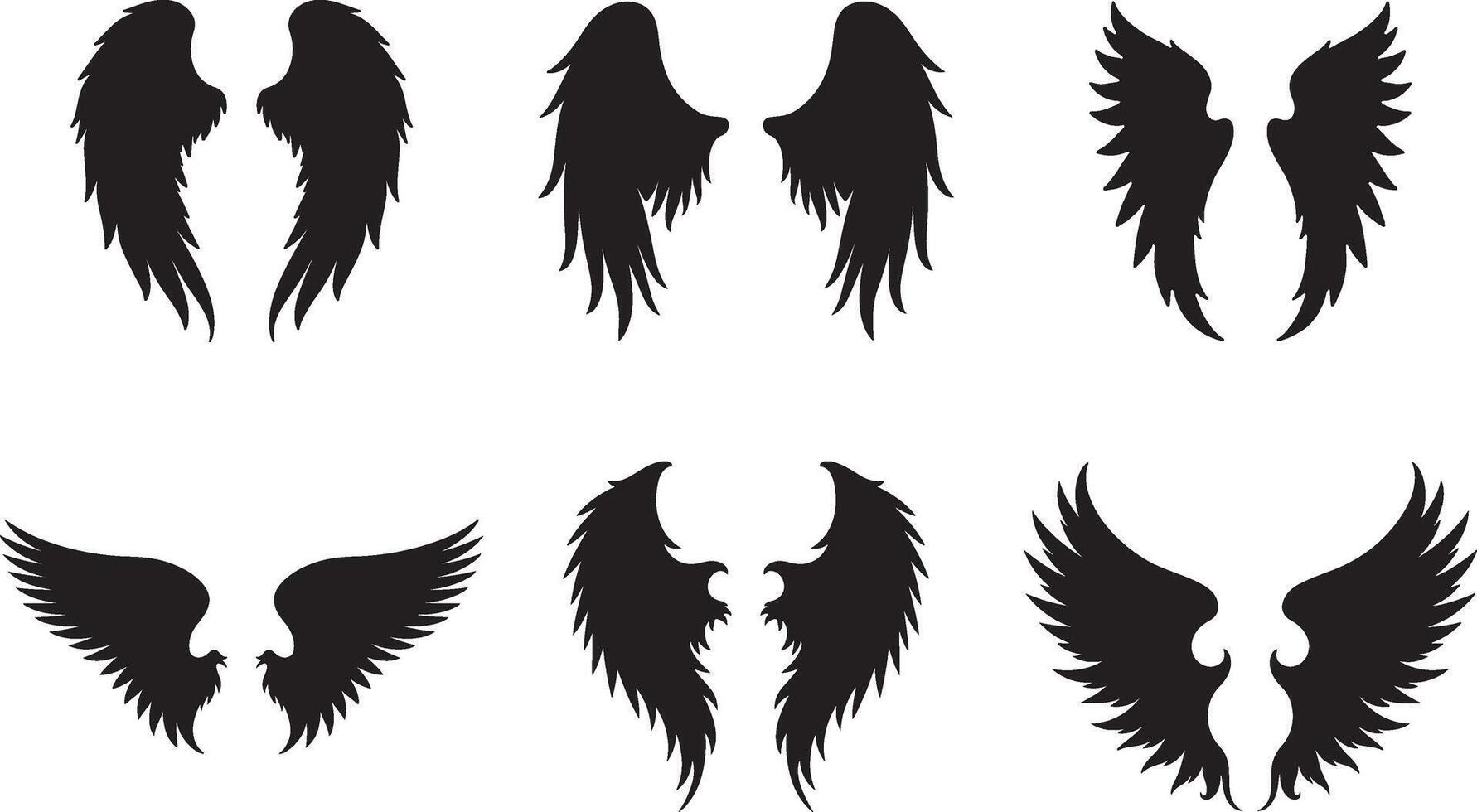 Outstretched angel wings Set silhouette for tattoo and icon art vector