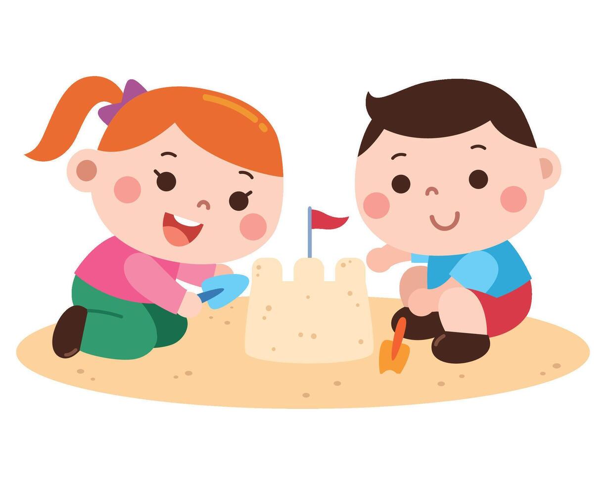 Children building a sandcastle together vector