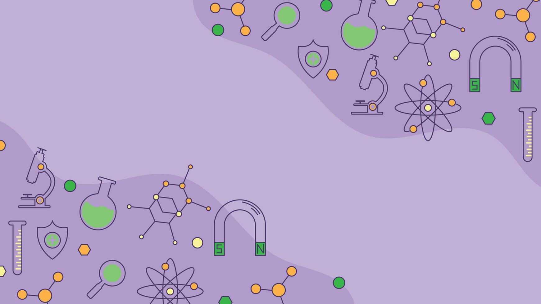 science themed background with chemistry lab icons including flasks atoms magnet and shield over a soft purple backdrop suitable for education and research designs vector
