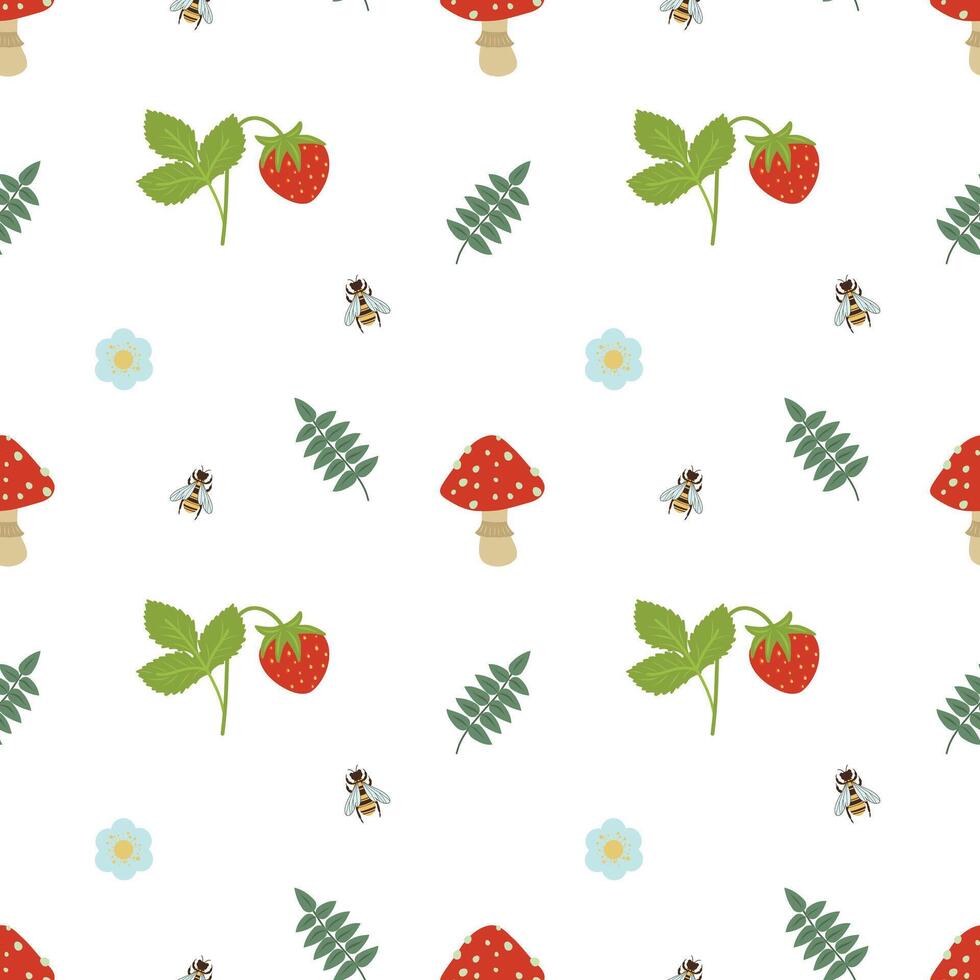 Forest seamless pattern on a white background. Mushrooms, leaves, flowers, strawberries, bees, fly agaric. Abstract and simple pattern. Hand drawn forest pattern vector