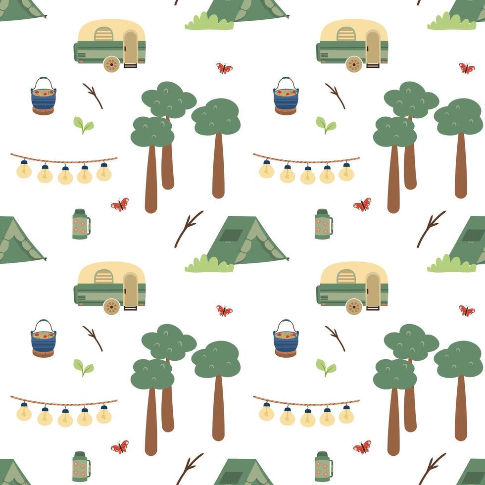 Camping, campsite seamless pattern, Trees, camper trailer, camping tent, camping cooking pot, lanterns, sticks. Forest textile vector