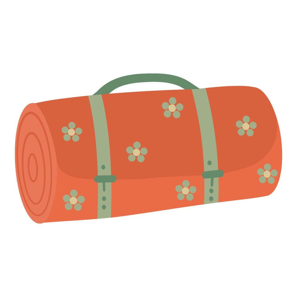 Orange picnic blanket with flowers illustration on white background. Rolled rug with handles. Portable Picnic Blanket with carry straps vector