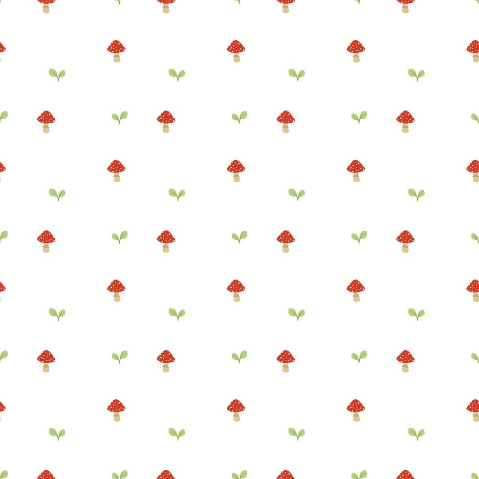 Mushrooms and leaves pattern on a white background. Simple seamless pattern with fly agaric mushrooms. design for greeting card and invitation vector