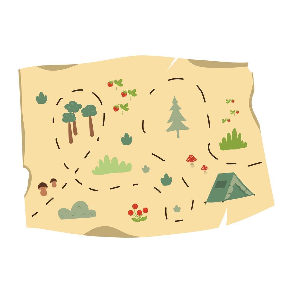 Hand drawn map on a piece of parchment with forest, camp tent drawings on the layout and path illustration on a white background vector