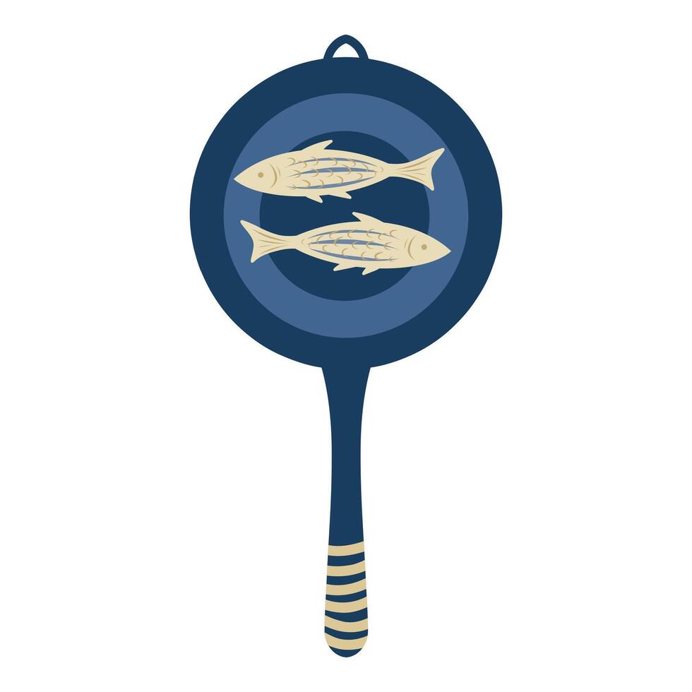 Frying pan with fish illustration on a white background. View from above. Cooking, Fried fish, Blue pan vector
