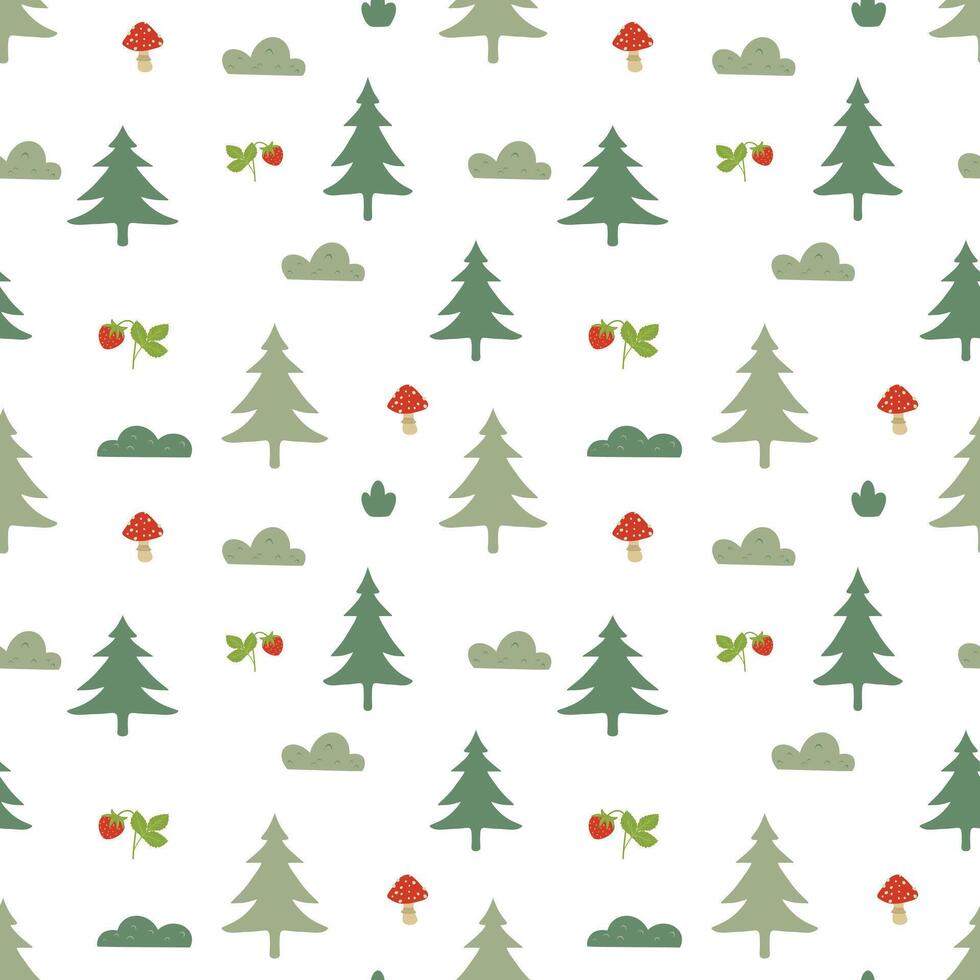 Forest seamless pattern on a white background. Mushrooms, trees, pine, bushes, strawberries, fly agaric. Abstract and simple pattern. Hand drawn forest textile vector
