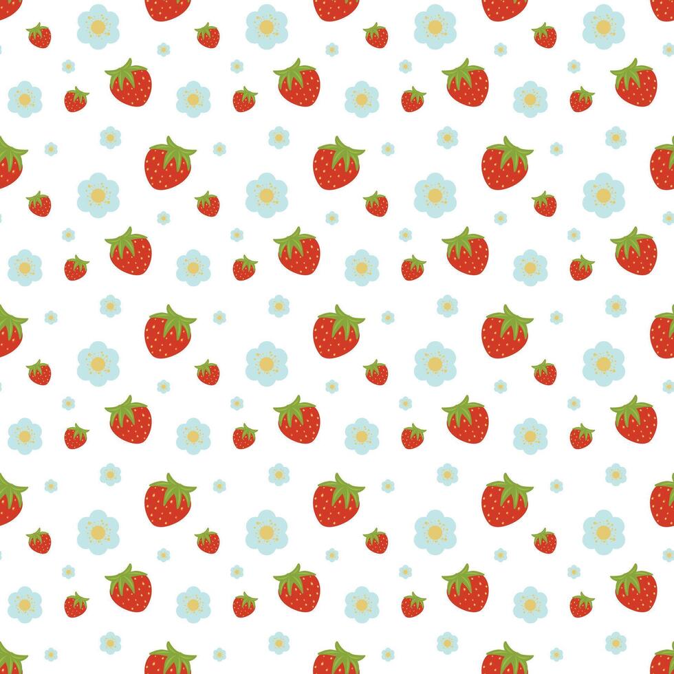 Strawberry berries and flowers seamless pattern on a white background. Abstract and simple pattern. Hand drawn nature textile vector