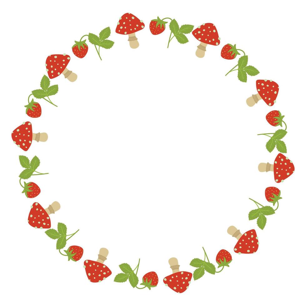 Fly agaric mushrooms with strawberries circle frame. Round border made of plants. flat wreath isolated on white background vector