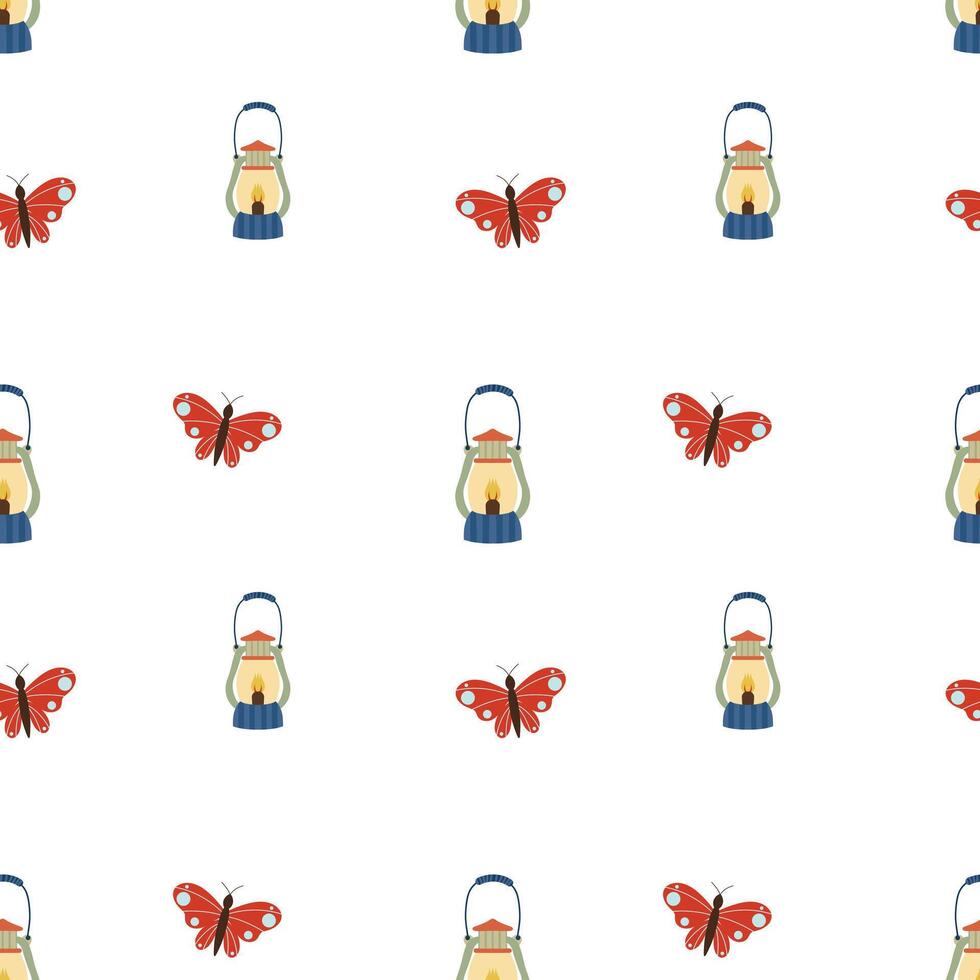 Vintage oil lantern and red butterflies seamless pattern. Abstract and minimalist pattern. Camping lantern vector