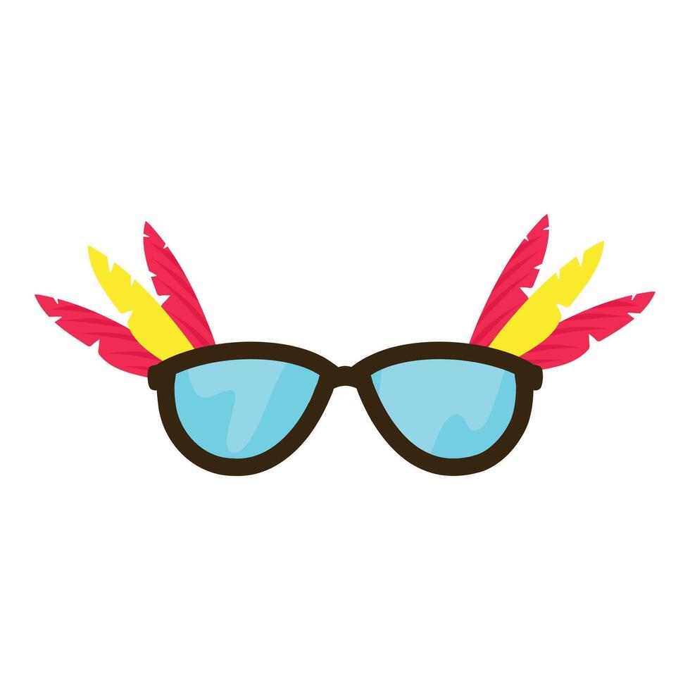 Black frame sunglasses with blue lenses and colorful feathers front view illustration on a white background vector