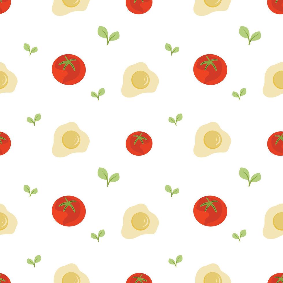 Seamless Pattern with Fried Eggs, tomatoes and greens on a white background. Balanced Breakfast concept. Ingredients for healthy breakfast vector