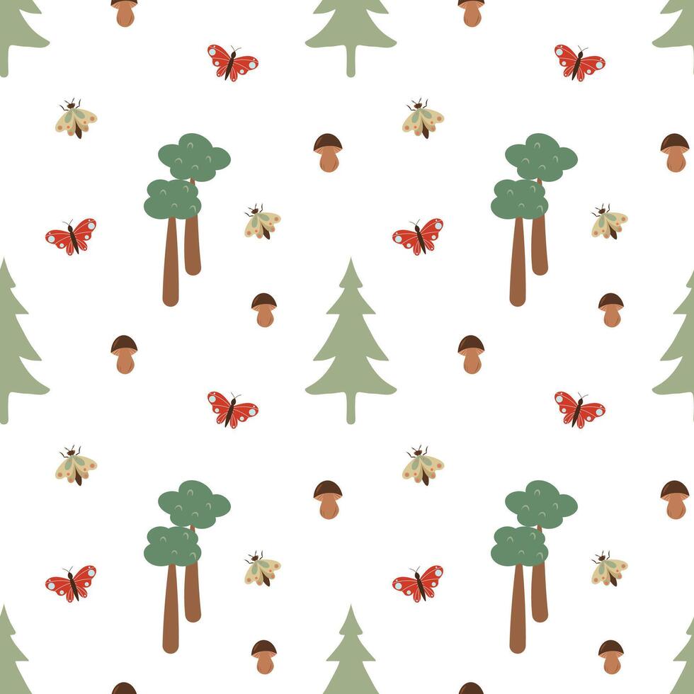 Forest seamless pattern on a white background. Mushrooms, boletus, butterflies, moth, trees. Abstract and simple pattern. Hand drawn forest textile vector