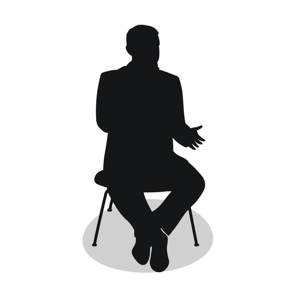 Lecturer gives a lecture into a microphone, black silhouette of a man sitting vector