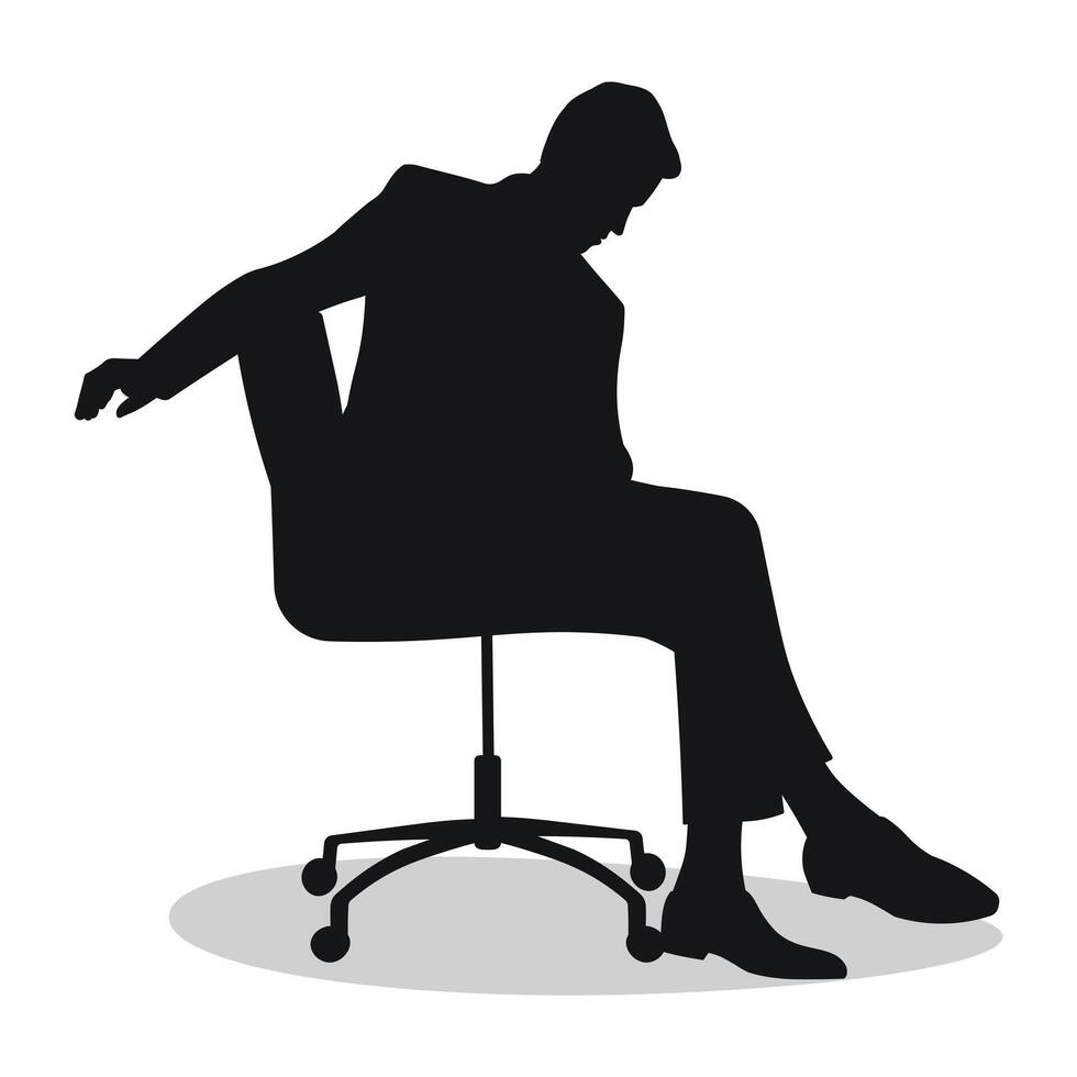 Profile of a young man, person sitting on a soft chair with wheels, black silhouette of a guy leaning forward vector