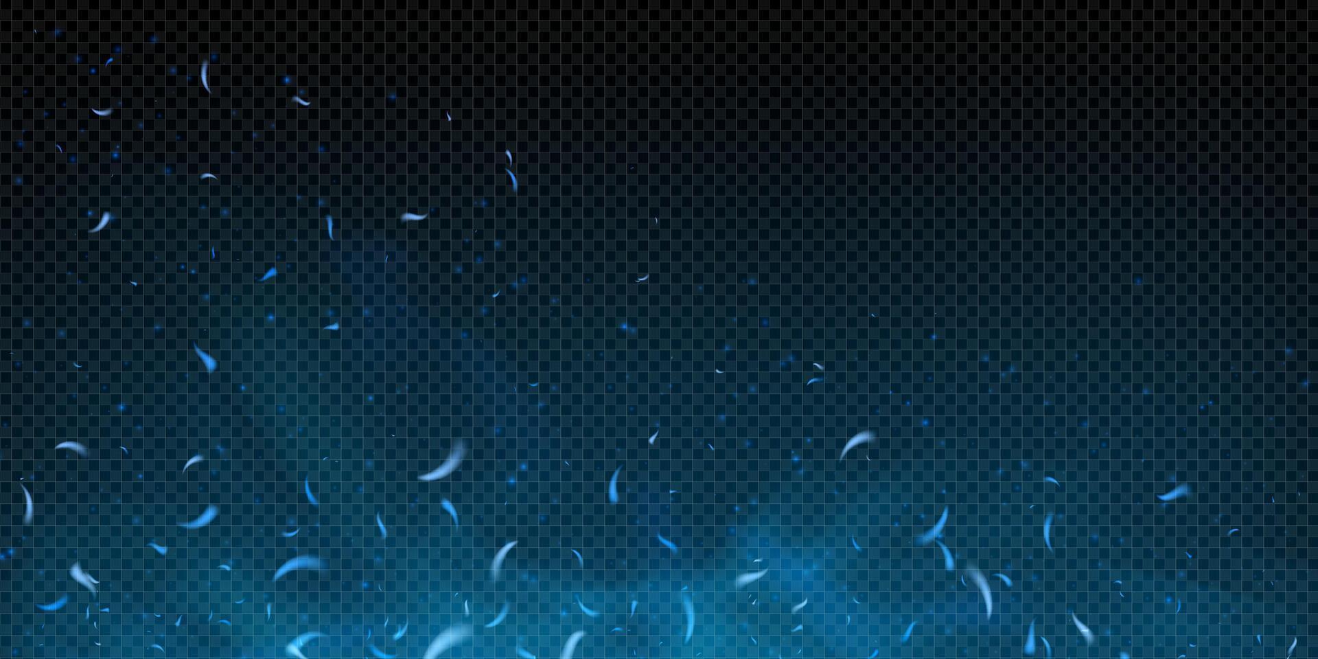Blue fire and glowing sparks rise through dark smoky background. Abstract illustration with neon light, glitter dust, and icy embers. Cold flame meets heat, magic, and burning energy. vector