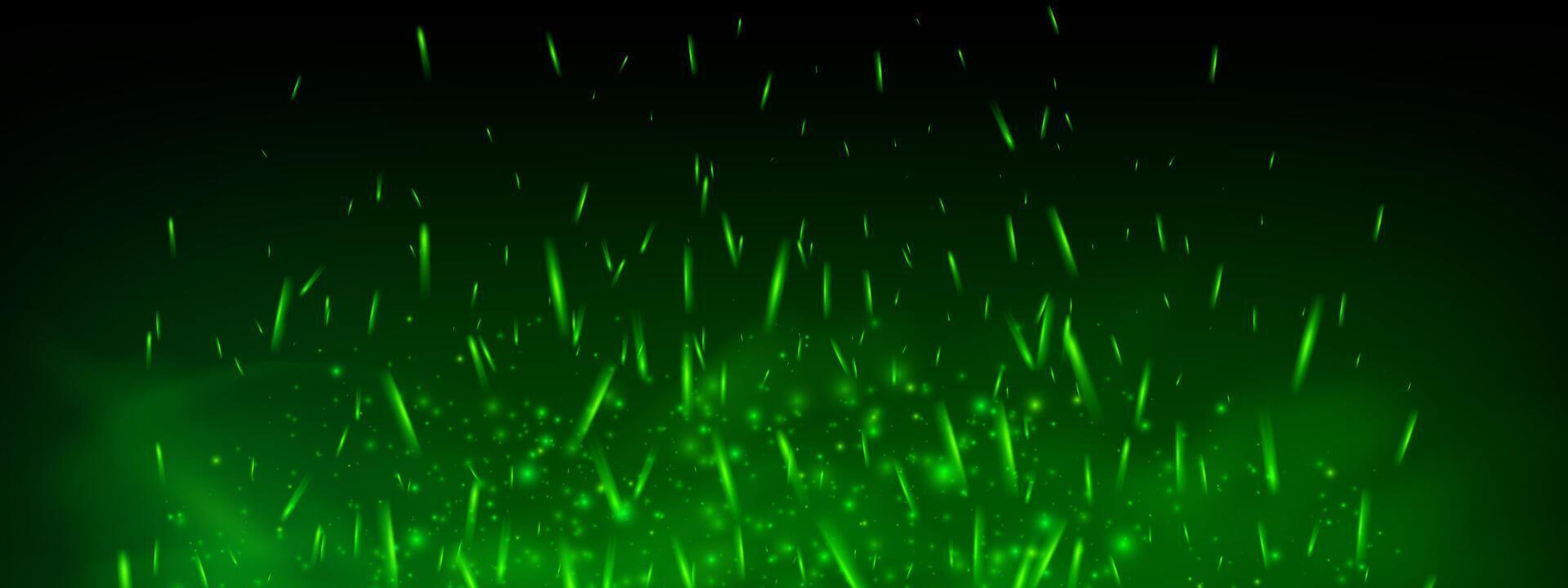 Green fire and glowing sparks with magic light and toxic smoke on dark background. Abstract fantasy overlay with flying particles, mist, flame and glitter. Mysterious festive energy effect. vector