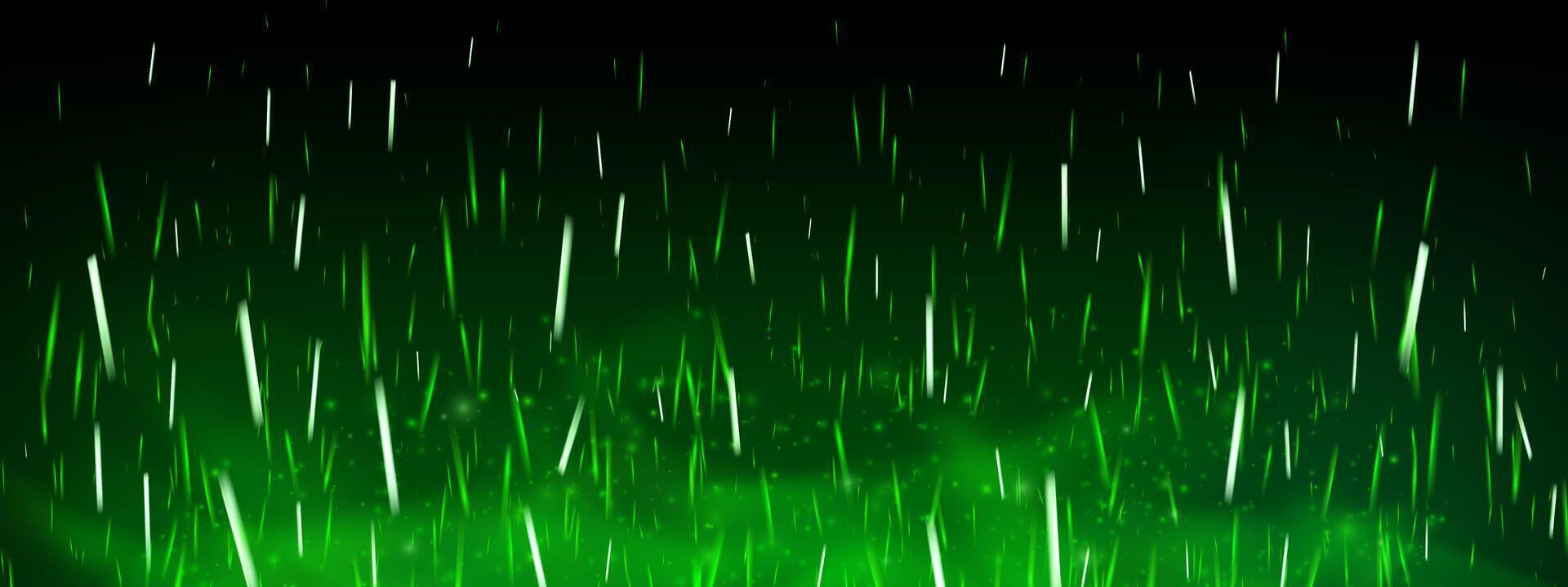 Green magical flame with glowing sparks and flying embers. Neon fire effect with fog, smoke and toxic poison mist on dark background. Fantasy texture with sparkle, shine and fairytale energy burst. vector